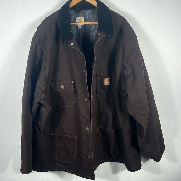 š„š„VintageāCarhartt Detroit Jacket Blanket Lined Button Corduroy Dark Brown 4XL - Picture 3 of 11